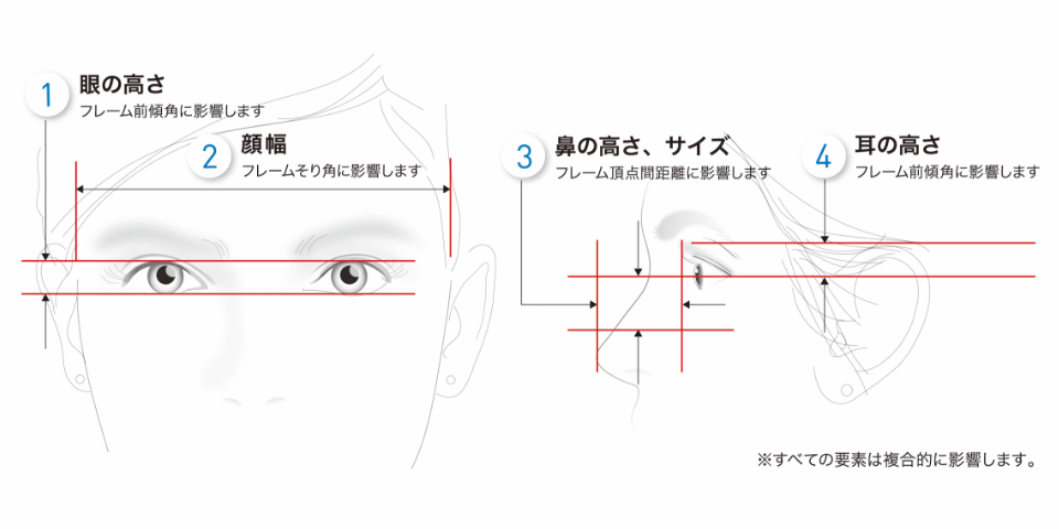1.目の高さ:フレーム前傾角に影響します・2.顔幅:フレームそり角に影響します・3.鼻の高さ、サイズ:フレーム頂点間距離に影響します・4.耳の高さ:フレーム前傾角に影響します・※すべての要素は複合的に影響します。
